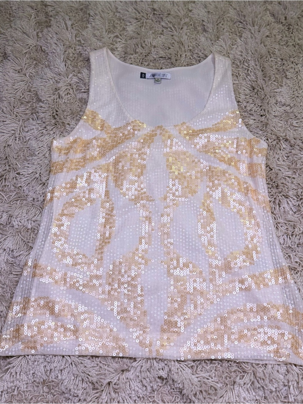 Jennifer Lopez Sequin Tank Top Womens M White Gold Sleeveless Party Blouse